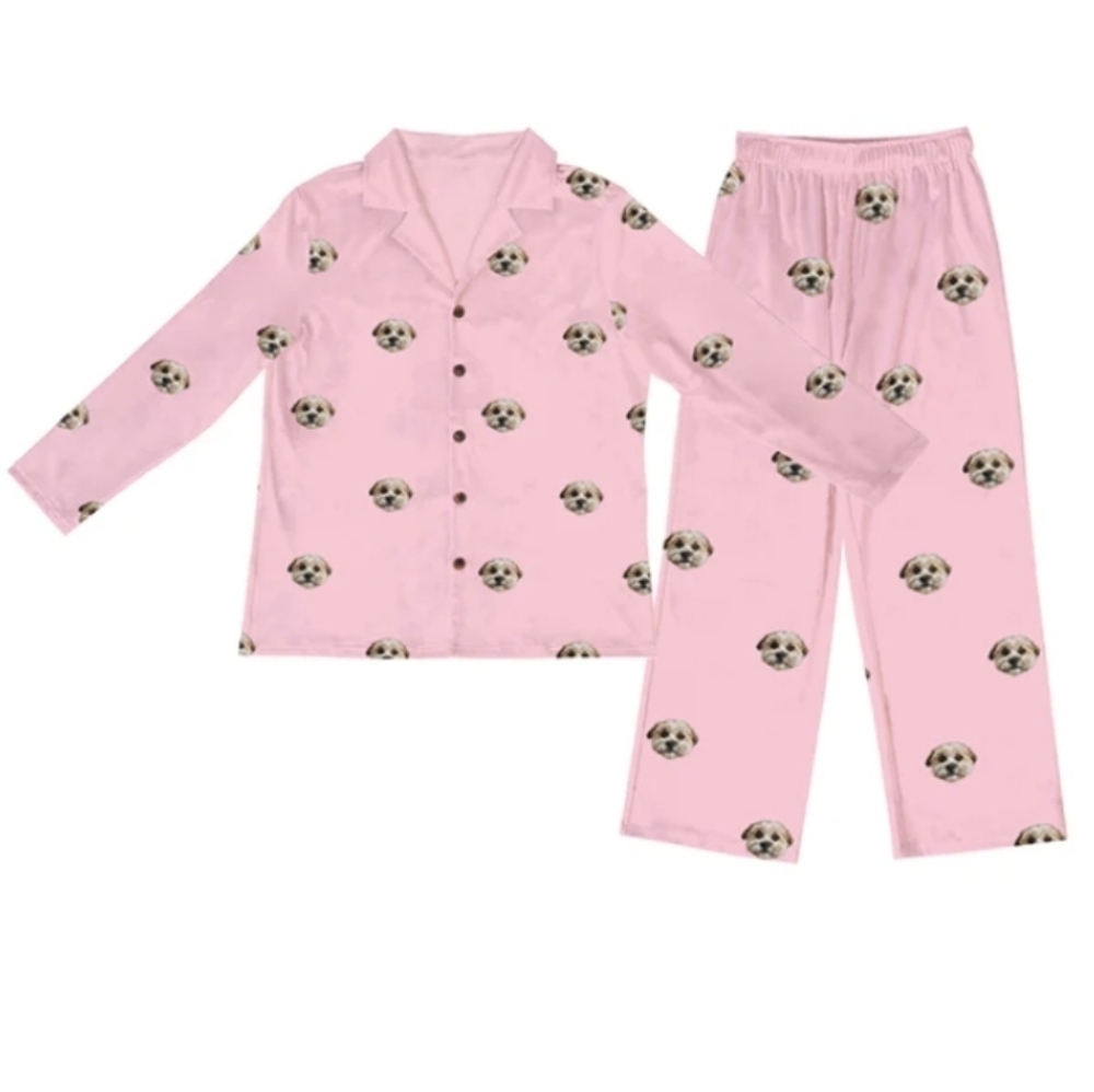 Cuddle Clones Wheaten Terrier Dog Pink Satin Pajamas Long Sleeve Top Pants Set